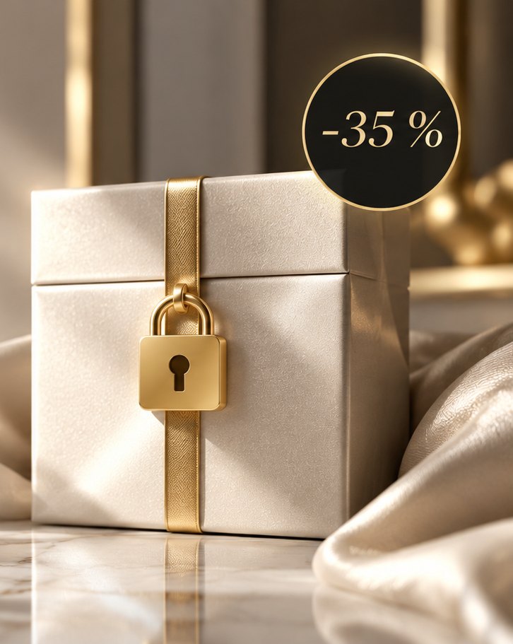 Un coffret crème fermé par un cadenas doré, moins 35 pour cent